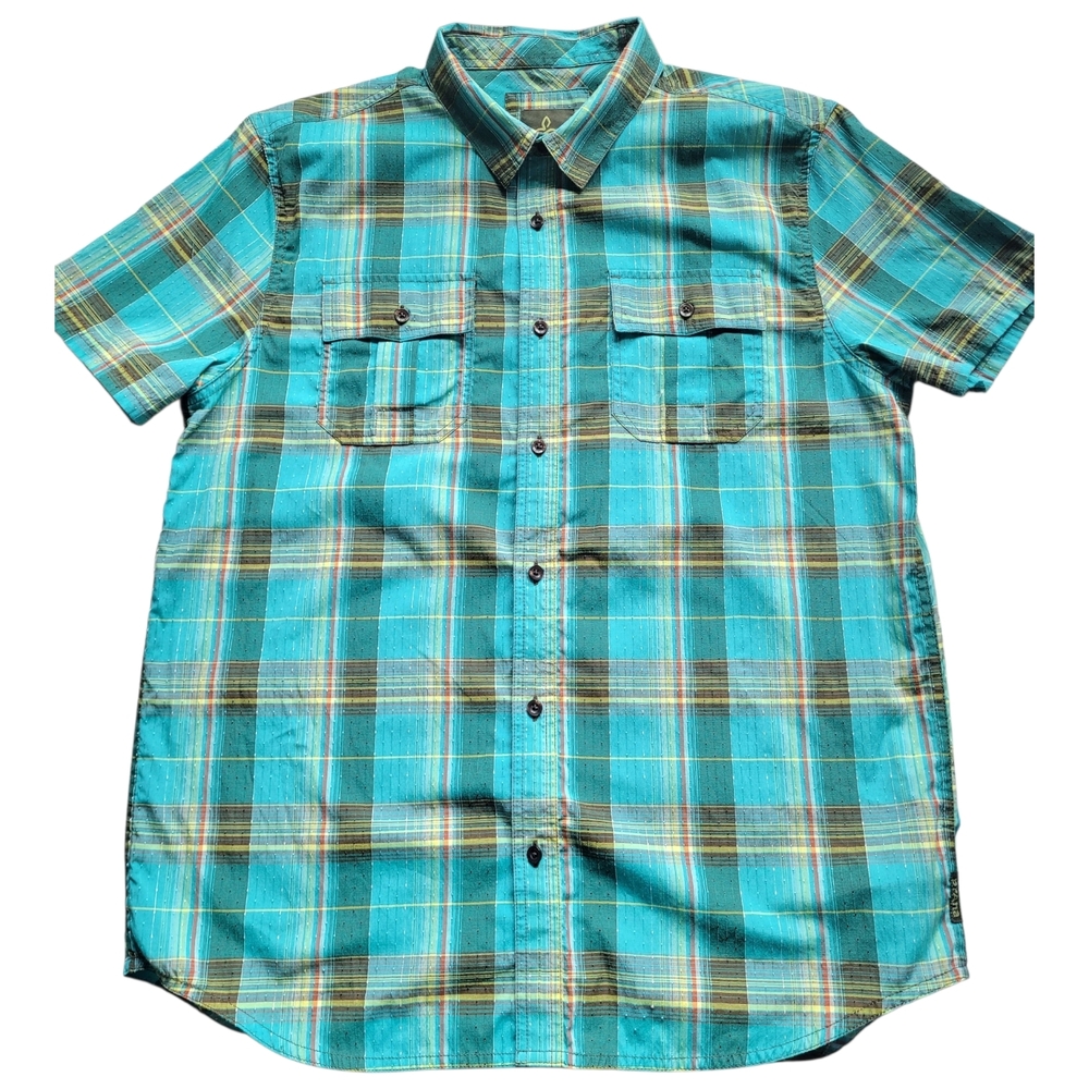 LG prAna Ostend Plaid Short Sleeve Shirt Organic Cotton Blend Green Yellow